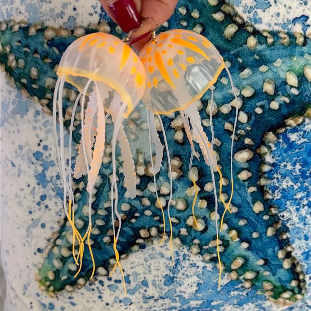 Handmade Jellyfish Dangle Earrings - Clear with Neon Orange Accents